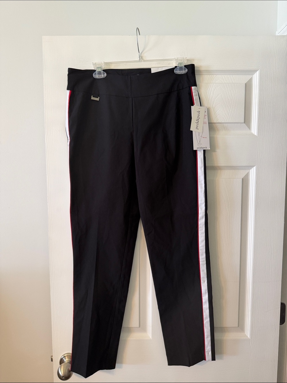 Peck & Peck Black Straight-Leg Pants with White and Red Side Stripes size 12 new
